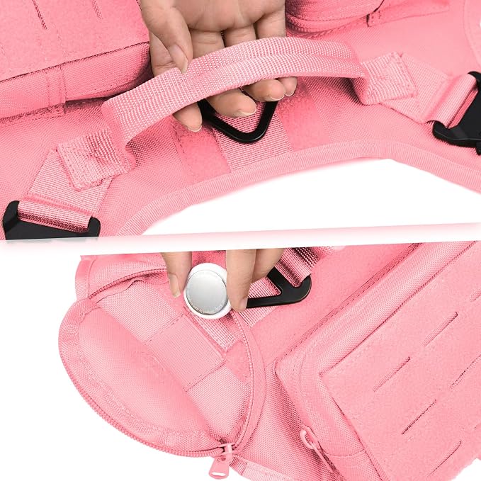 AIWAI Tactical Dog Harness with Handle for Large Dogs,2X Metal Buckle, Dog MOLLE Vest with Pockets,No Pull Adjustable Pet Harness, Easy Control Dog Vest Harness for Working Training (Pink, Medium)