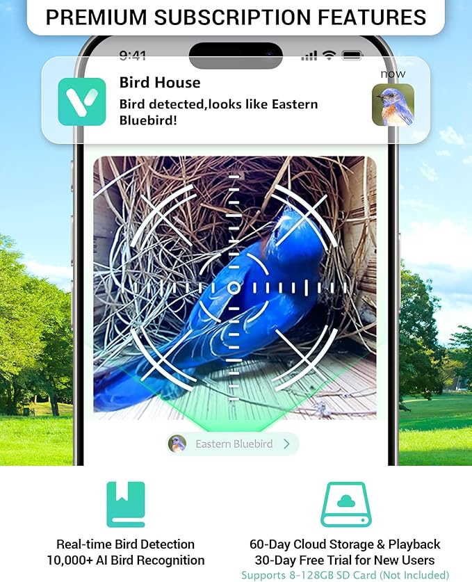 Kicari Bird House with Camera 2K HD, Solar & Battery Powered, Dual Night Vision, PIR Motion Sensor, Two-Way Audio, WiFi App Control, Smart Weatherproof Wooden Bluebird Nest Box for Outdoors, Natural