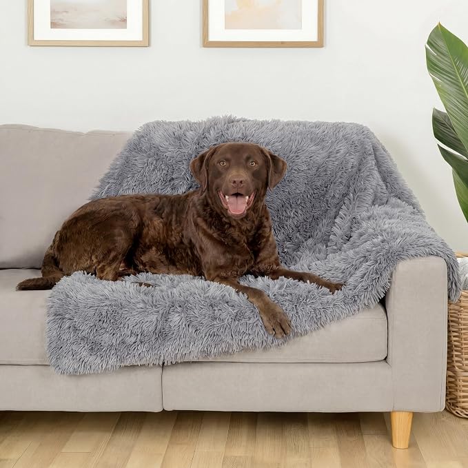 Furhaven Waterproof Throw Blanket for Dogs & Indoor Cats, Washable - Shaggy Plush Calming Long Faux Fur & Velvet Dog Blanket - Gray, Large