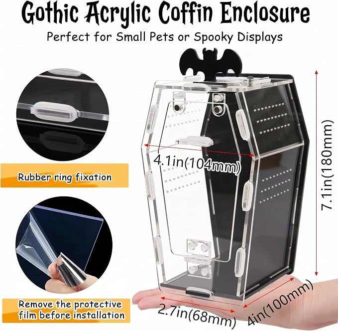 15 Pcs Acrylic Spider Enclosure Kit with Magnetic Door | Gothic Coffin Design, 3mm Clear Acrylic, Magnetic Feeding Port, DIY Decor Set, Spider Habitat, Tool-Free Assembly
