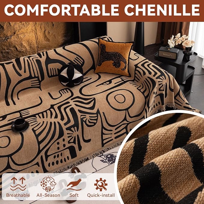 VClife Soft Thick Chenille Couch Cover 1 PC Washable Couch Cover for 2 Cushion Couch Sofa Modern Brown Black Jacquard Sectional Sofa Cover 71"x118"