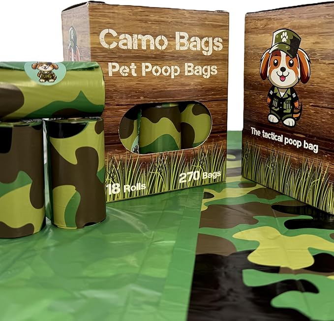 Camo Bags - Pet poop bags with a camouflage pattern. Poop bags rolls for dog walking, dog-parks, and the yard.