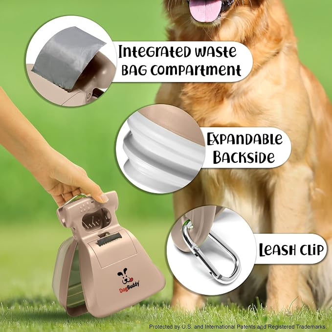 DogBuddy Pooper Scooper, Portable Dog Pooper Scooper, Poop Scooper for Small and Large Dogs, Pooper Scooper with Bag Attachment, Leash Clip and Dog Waste Bags Included (Large, Taupe)