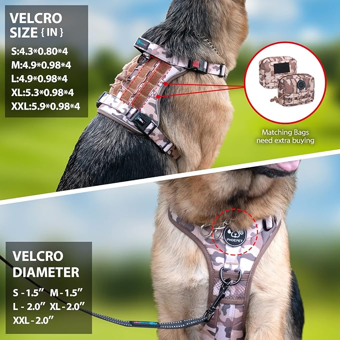 No Pull Tactical Dog Harness,Service Dog Vest Molle & Loop Panels | Woodland Brown M, Metal Front & Back D-ring, Reflective, Easy Control with Padded Handle for Small Medium Large Dogs