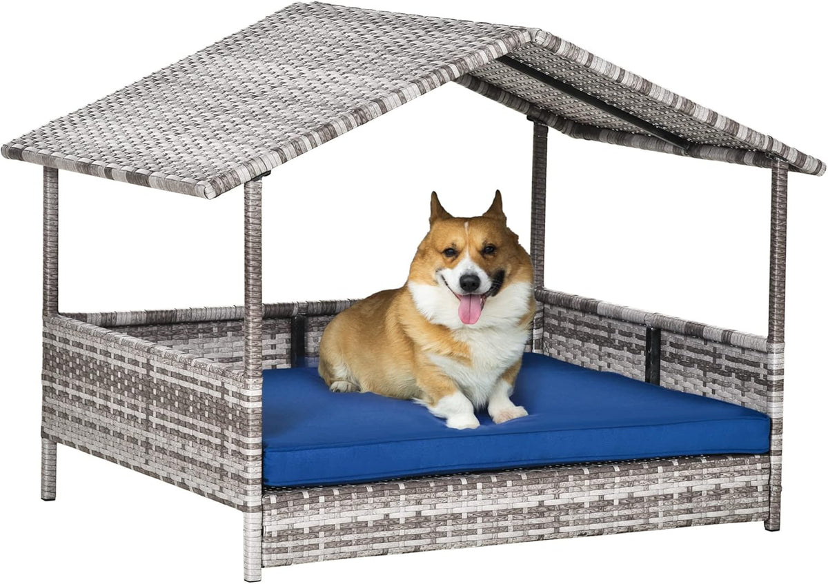 PawHut Wicker Dog House Outdoor with Canopy, Rattan Dog Bed with Water-Resistant Cushion, Raised Dog Bed for Small, Medium Dogs up to 66 lbs, 19.75" in Length, Gradient Gray Wicker, Dark Blue Cushion