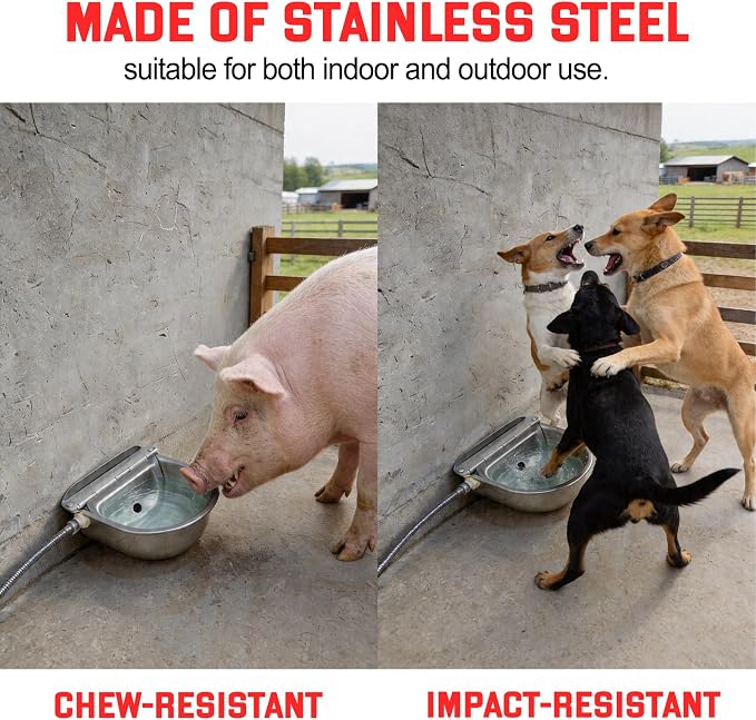 Automatic Water Bowl 304 Stainless Steel Pet Water Dispenser Dog Feeder Waterer for Large Dogs with 40" Steel Hose, 2 Float Valve, Copper Connector Adapter, 2 Bolts (Without Drainage Hole)