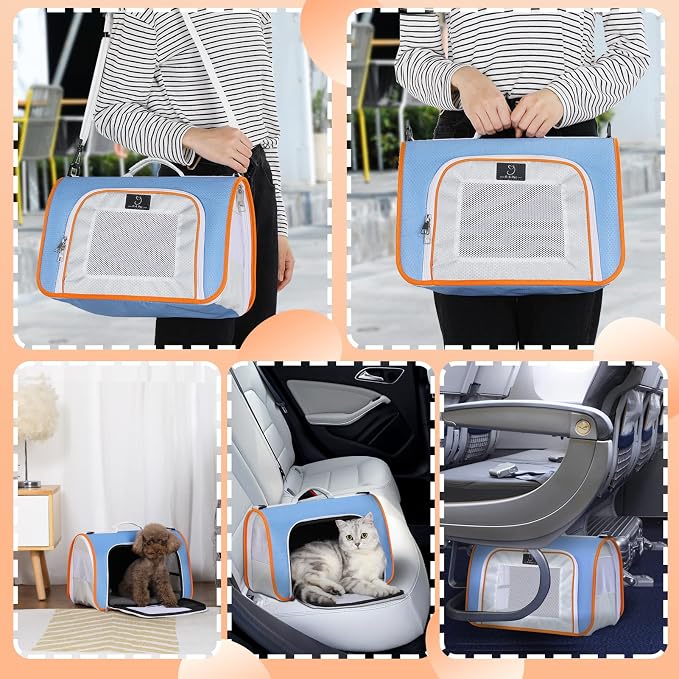 A 4 Pet Cat Carrier, Airline Approved Pet Carrier for Small Medium Cats Dogs Puppy with Safety Tether, Lightweight EVA Soft-Sided Bag, Anti-Collapse for Plane Car Train Vet