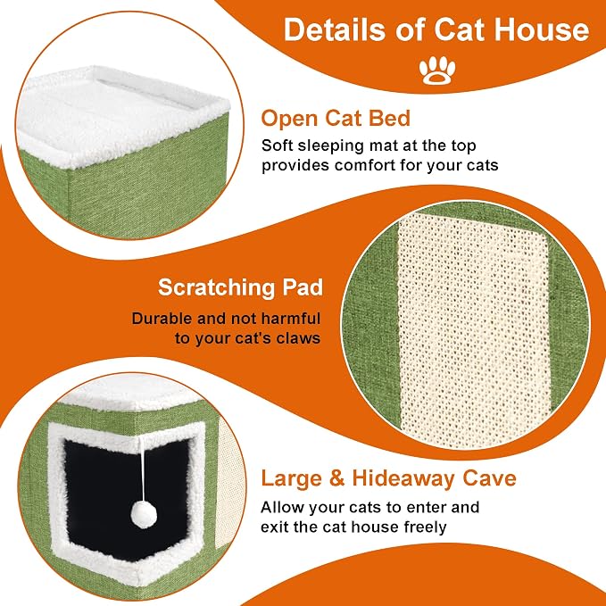 Loyareal Cat Houses for Indoor Cats - Large Cat Bed Cave with Scratch Pad and Fluffy Ball, Foldable Cat Condo Hideaway with Reversible Cushion for Multi Small Pet, Green
