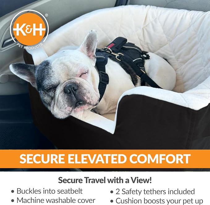 K&H Dog Car Seat, Bucket Booster for Small to Medium Pets, L Black/Cream | Collapsible Dog Car Seats for Small Dogs. Seat Belt Secured, 2 Safety Leashes, Washable Covers