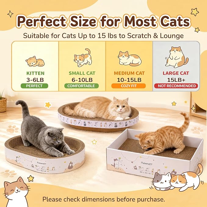 PatiencET 3-in-1 Cat Scratcher Cardboard Set for Indoor Cats | Cat Lounge Box with Wide & Slim Oval Cat Beds, Corrugated Cat Scratching Board for Furniture Protection, Rest & Play