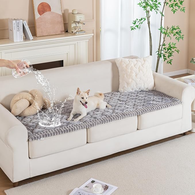 PuTian 100% Waterproof Fuzzy Couch Cover for Dogs Light Grey 27.6"x70.9" | Pet Friendly Dog Mat for Couch, Waterproof Sofa Protector, Scratch Resistant Furniture Cover for Dogs, Machine Washable