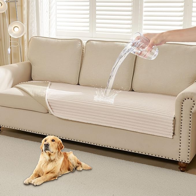 HAOMAIJIA Waterproof Couch Cover for Dogs Washable,Faux Fur Pet Couch Covers for Sofa,Soft Dog Bed Cover Non-Slip Couch Covers for 3 Cushion Couch Sofa Pet Friendly (Off White, 35" x 47" 1 Pack)