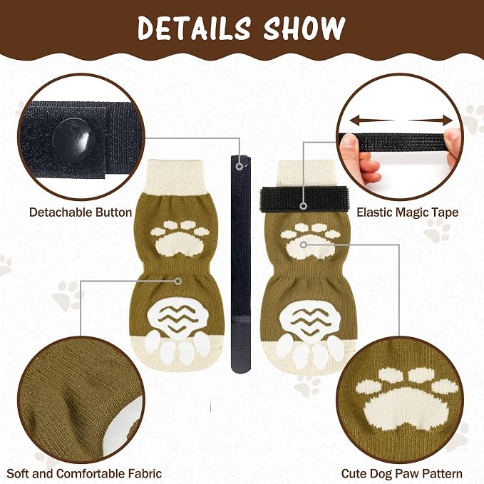 PUPTECK Anti-Slip Dog Socks with Double Sides Grips for Small Medium Large Dogs Hardwood Floors Prevents Licking, Dog Shoes for Hot Pavement Traction Control Paw Protector for Senior Dogs, Brown S