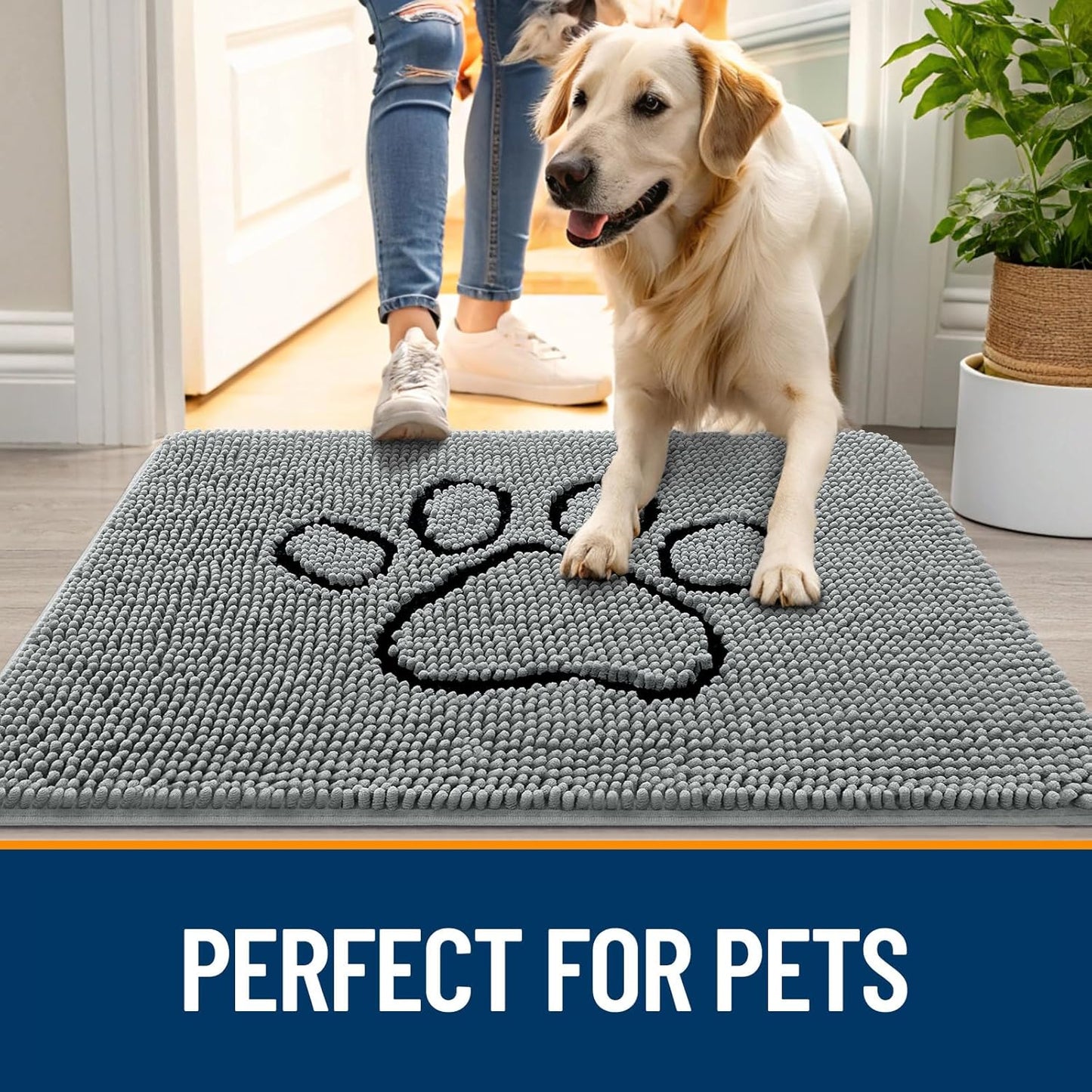 OLANLY Door Mat for Muddy Dog Paws 70x35, Ultra Absorbent Chenille Mud Doormat with Paw Print Design, Non-Slip Washable Doormat for Indoor Entryway, Quick-Dry Pet Bed Mats for Dirty Dogs, Grey