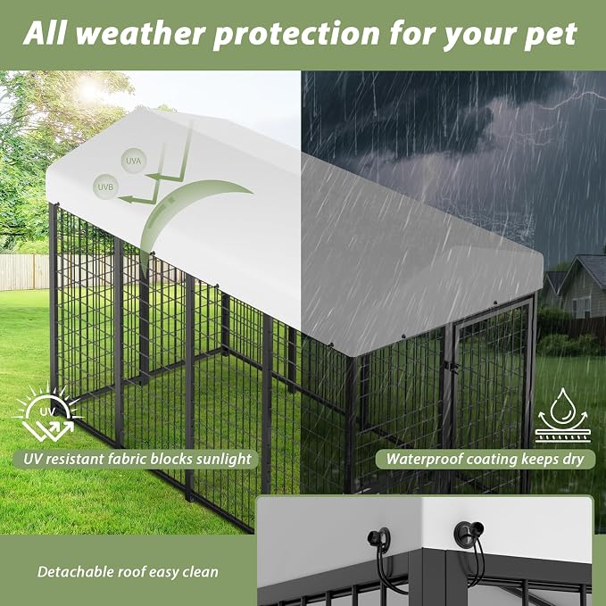 LOVMOR 8' x 4' Outdoor Dog Kennel with Roof for Large Dogs | Heavy duty steel frame, waterproof canopy, double latch door, adjustable feeding bowls for yards and patios
