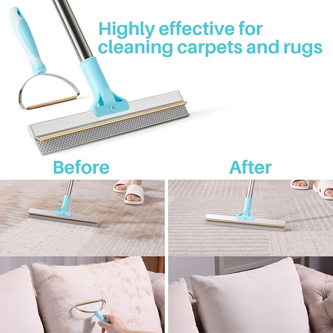 JOYMOOP 2 PCS Carpet Rake for Pet Hair Removal, 63" Adjustable Long Handle and Short Handle Carpet Scraper for Rugs, Sofa,Cloth, Metal & Silicone Dog Hair Carpet Rake