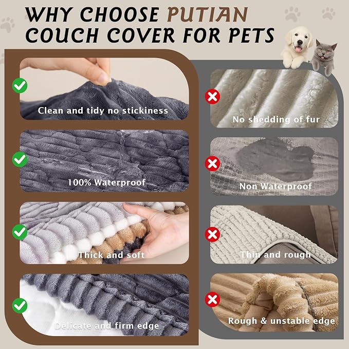 PuTian 100% Waterproof Fuzzy Couch Cover for Dogs Dark Grey 27.6"x70.9" | Pet Friendly Dog Mat for Couch, Waterproof Sofa Protector, Scratch Resistant Furniture Cover for Dogs, Machine Washable