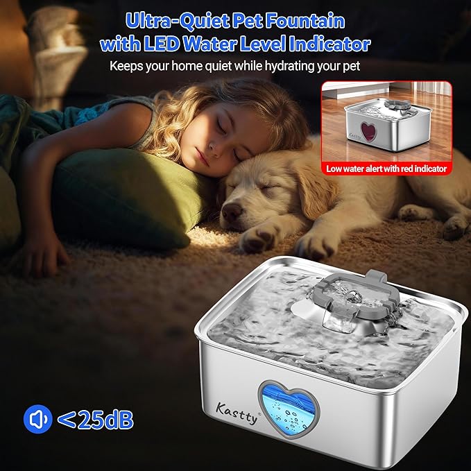 Kastty 15L/4Gal Dog Water Fountain, Stainless Steel Pet Water Bowl Dispenser with Visual Window, Automatic Dual-Color LED, 5-Stage Filtration, Ultra Quiet, for Large Medium Dogs & Multi-pet, FS80