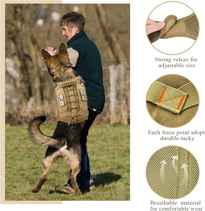 Tactical Service Dog Vest Harness K9 Military Molle Dog Vest for Outdoor Training Pet Harness with Rubber Handle & Metal Buckle (XL=(Neck 21.5"-24.5")(Chest 28.4"-30"), Khaki)