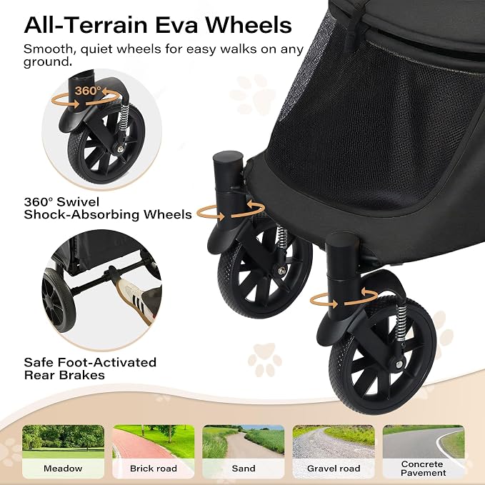 LAUSAINT HOME 4 Wheels Pet Stroller, Foldable Oversized Dog Stroller for Medium & Large Dogs with Built-in Access Ramp, Lightweight Dog Cat Carrier with Breathable Mesh Cover, Khaki