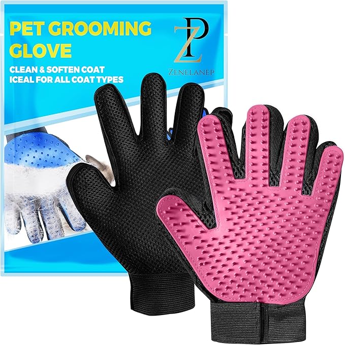 ZENELANEP Upgrade Pet Grooming Gloves, Grooming Gloves for Dogs, Cats, Rabbits & Horses with Long and Short Hair, Efficient Pets Hair Remover Mittens - 1 Pair (Pink)