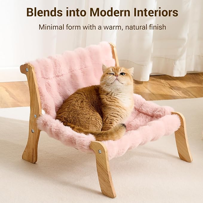 Solid Wood Cat Couch Bed for Indoor Cats, Modern Cat Sofa with Ultra-Soft Plush Surface Washable, Reclined Backrest, Elevated Elevated Cat Lounge Furniture for Small to Adult Pets, Sakura Pink