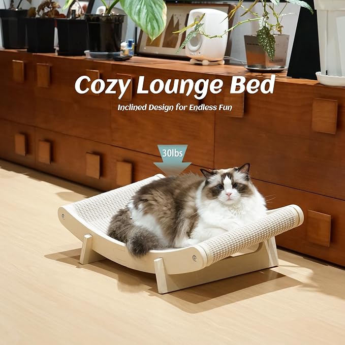 PETKARAY Inclined Sisal Cat Scratcher Bed, Curved Wooden Cat Hammock Chair, Large Scratch Pad for Indoor Cats, Cozy Cat Furniture Lounge
