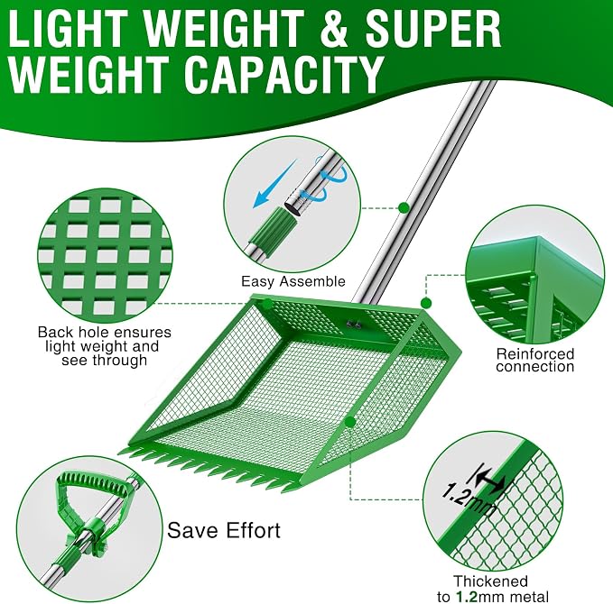 TOOGE Large Chicken Poop Scooper: 2-in-1 Metal Pooper Scooper & Rake Adjustable 62" Long Handle Stainless Steel Sand Sifting Litter Shovel Chicken Coop Scoop Cleaning Tool for Goat Farm Yard Green