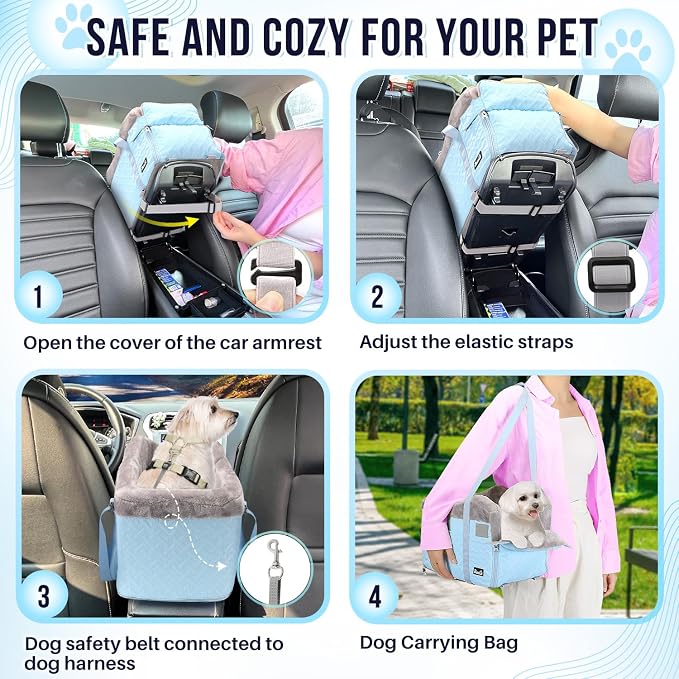 SlowTon Console Dog Car Seat - Portable Center Dog Car Seat for Small Dogs up to 9 lbs, Washable Pet Carseat with Soft Cushion Safe Protection Hooks & Storage Pocket, Blue
