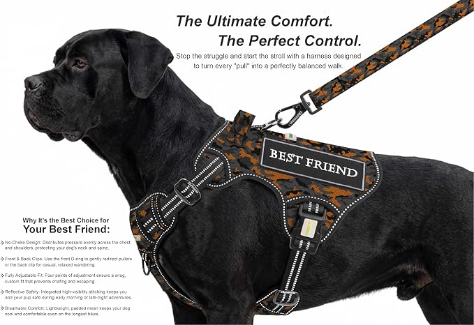 Homapet. Tactical Dog Harness with Dual Leash Attachment Points, Adjustable and Reflective Military Grade Dog Vest with Comfort Control Handle (ORNG BLK CAMO-M)