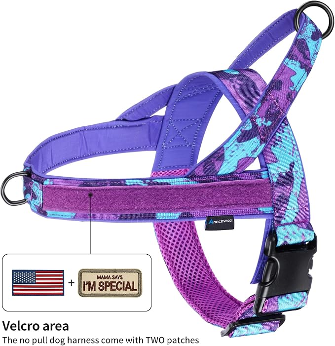Annchwool No Pull Dog Harness with Soft Padded Handle,Escape Proof and Quick Fit to Adjust Dog Harness,Easy for Training Walking for Small & Medium and Large Dogs(Camo Purple,XL)