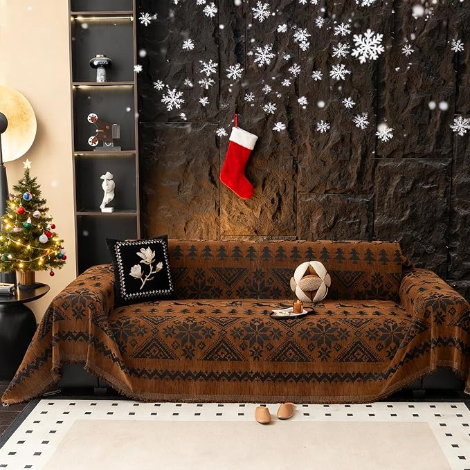 VClife Boho Couch Cover for Christmas 1 Piece Soft Warm Couch Cover for Sectional Sofa, Washable Pumpkin and Black Jacquard Loveseat Sofa Covers for Home Office RV 71"x118"