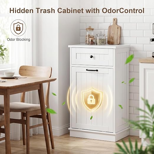 13 Gallon Tilt Out Trash Can Cabinet, Hidden Trash Bin White | Trash Cabinet with Drawer, for Kitchen, Bathroom and Laundry Room