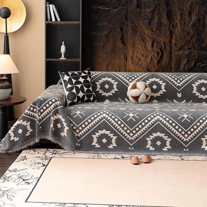 VClife Aztec Geometric Chenille Couch Cover Washable Sofa Cover for 2 Cushion Couch Sofa Retro Vintage Gray White Tribal Pattern Sofa Slipcover for Sectional Couch 71" X 118"