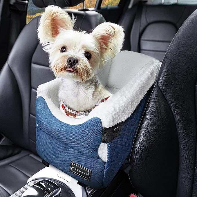 PETSFIT Puppy Car Seat with Washable Cushion, Soft Pillow, Safety Leash | Dual Seat-rail Hooks with Adjustable Straps Help Reduce Shifting, Dog Console Car Seats for Small Dogs Under 8 lbs,Blue