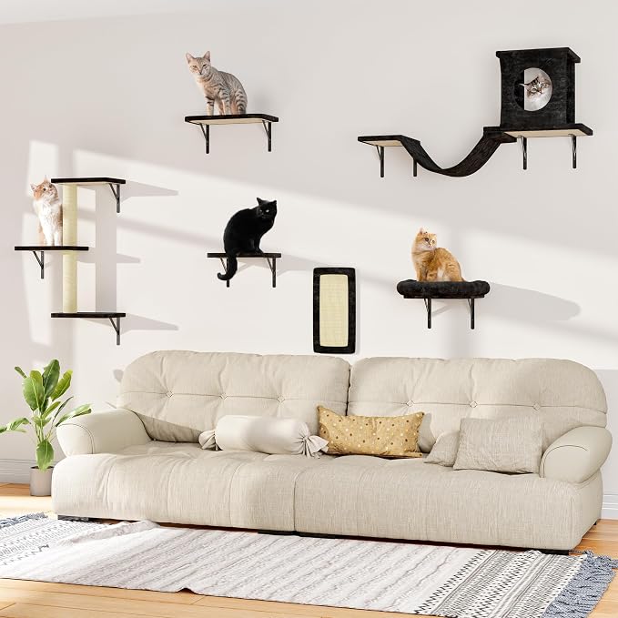 6-in-1 Cat Wall Shelves, Wall Mounted Cat Climber with Condo House, Scratching Post, Bridge Ladder, Space-Saving Indoor Play Furniture for Kittens, Black