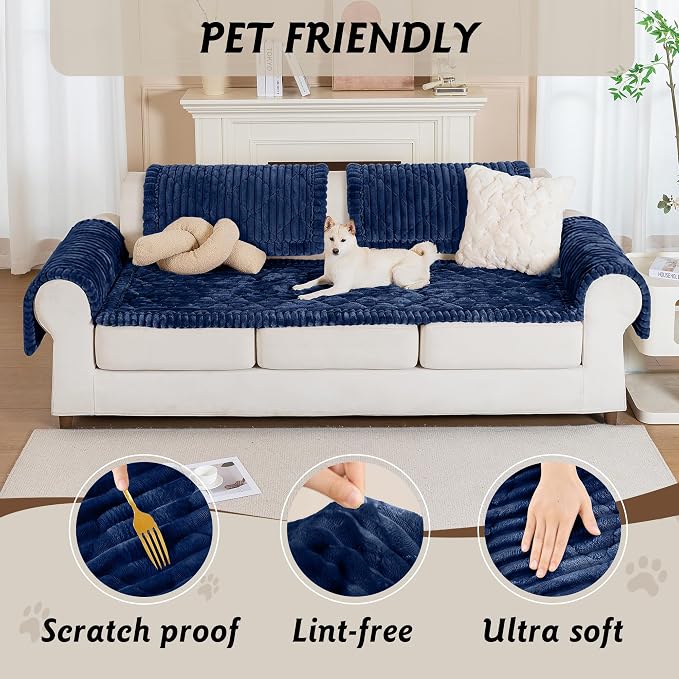 PuTian 100% Waterproof Fuzzy Couch Cover for Dogs Navy Blue 27.6"x70.9" | Pet Friendly Dog Mat for Couch, Waterproof Sofa Protector, Scratch Resistant Furniture Cover for Dogs, Machine Washable