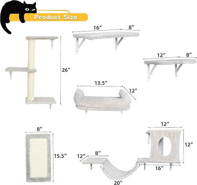 NUNU LAB Wall Mounted Cat Furniture Set - 6 Pcs Climber Set with House, Bridge, Steps, Scratcher Board - DIY Walls Playground, Indoor Cat Shelves - Gray