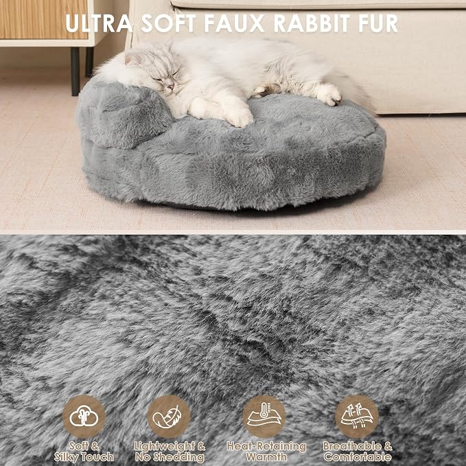 EHEYCIGA Soft Cat Couch Bed for Indoor Cats, Fluffy Small Dog Bed with Removable Washable Cover, Bolster Pet Sofa, Waterproof and Non-Slip, 23" x 23"x 7", Grey