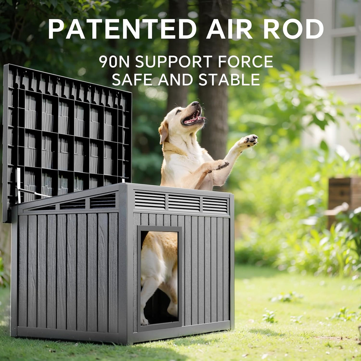 Dog House Indoor Outdoor,Resin Waterproof Puppy Shelter with Air Vents and Elevated Floor,Air Rod on Top to Open,Dog Kennel for Small to Medium Dogs(Grey,32.2 * 25.12 * 24.13)