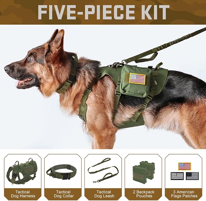 Forestpaw Tactical Dog Harness Collar Bungee Leash Set,S,Green | Adjustable Fits 17-25" Chest,20-35 lbs,No Pull Control Military Style,Quick Release Buckle,Walking for Medium Dogs