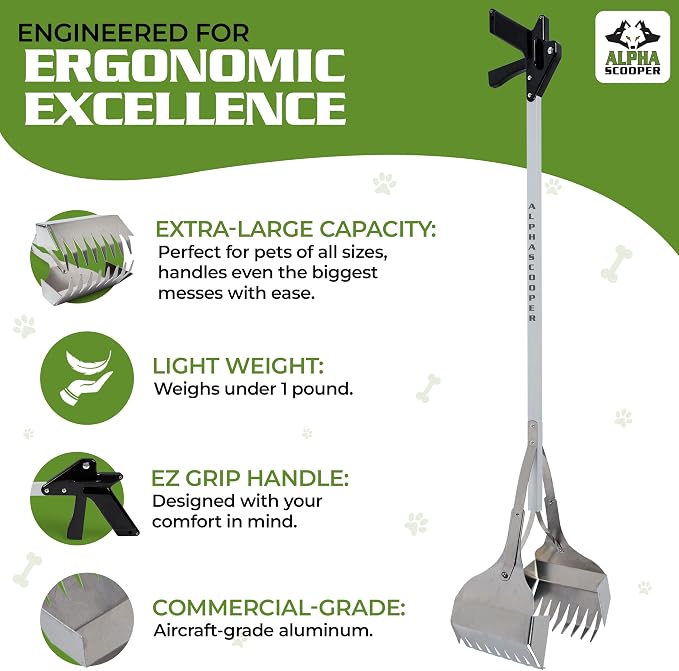 Dog Pooper Scooper for Yard - 38" Lightweight Ergonomic Handle, Rust-Resistant Aluminum, Jaws Technology Poop Scooper for Dogs