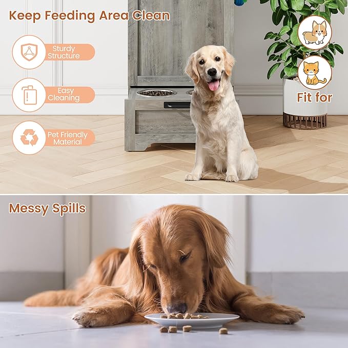 Garvee Dog Feeding Station with 2 Elevated Bowls, Grey | Dog Food Storage Cabinet, Flip Top Pet Feeding Station, Food Storage Container, Pet Toy Organizer