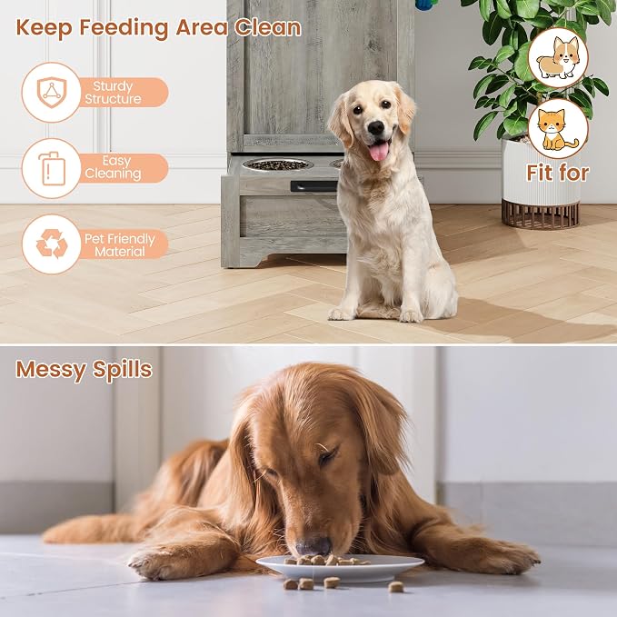 Dog Feeding Station with 2 Elevated Dog Bowls | Pet Feeding Station,Flip Top Pet Food Cabinet,Pet Food Container,Pet Toy Storage Organizer,Modern Storage Organizer, Grey
