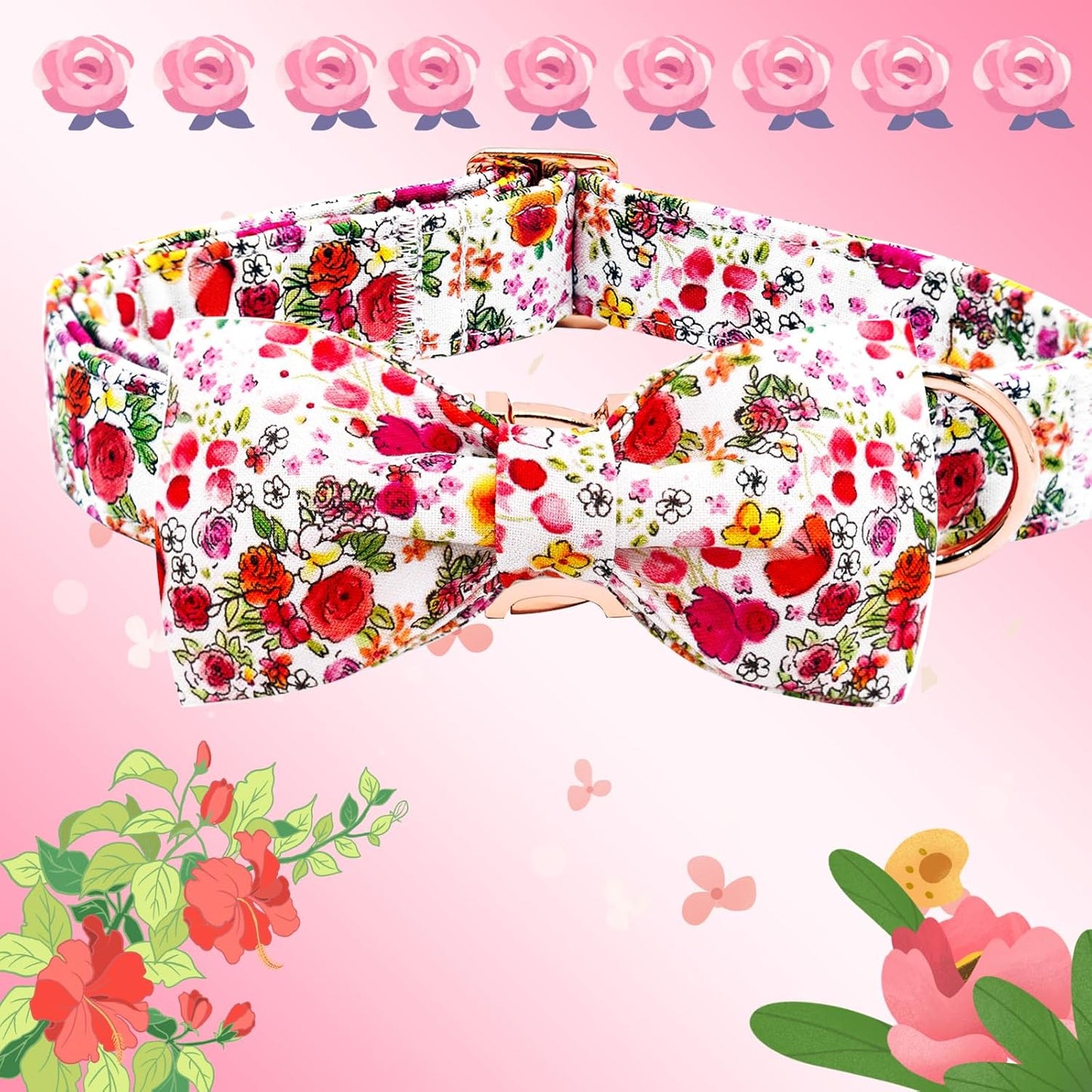 Elegant little tail Dog Collar, Pink Rose Print Pet Collar Summer Dog Collar Durable Metal Buckle Dog Collars Cotton Pet Adjustable Dog Collars for X-Large Dogs