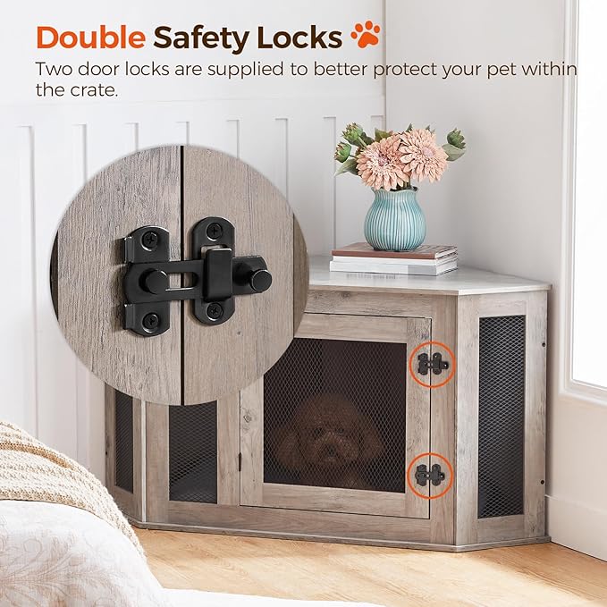 MAHANCRIS Corner Dog Crate Furniture, Wooden Dog Kennel End Table, Decorative Pet Crate Indoor Use, Furniture Style Dog House for Small Medium Dog, Dog Cage TV Stand, Greige and Black DCHG0801