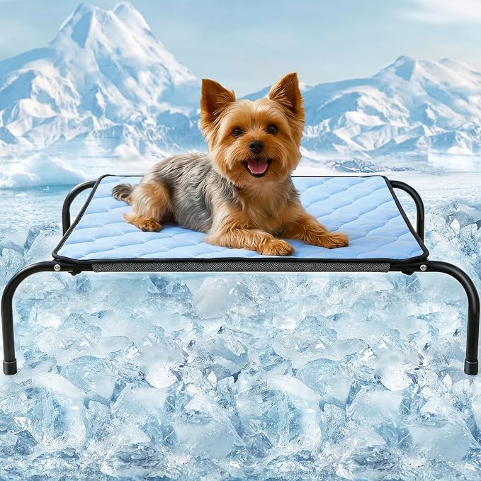 SZEE Elevated Dog Bed, Cooling Dog Cot Bed, Support Up to 65 LBS for Small Breeds, with Durable Steel Frame, Reversible Ice Silk Mat & Sturdy Teslin Mesh, Outdoor & Indoor All-Season Use - S