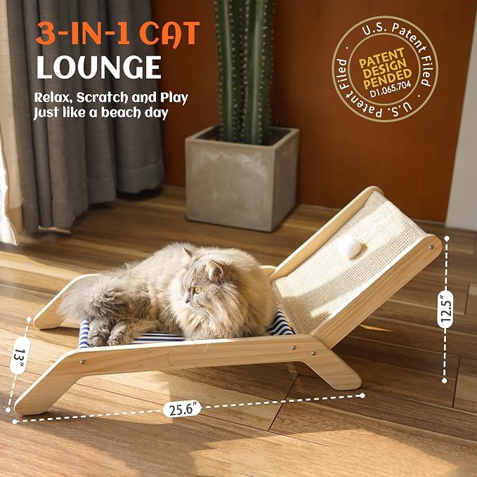 PETKARAY Beach Chair Cat Hammock, Elevated Cat Beds for Indoor Cats, Original Cozy Lounger with Sisal Scratcher and Toy Ball