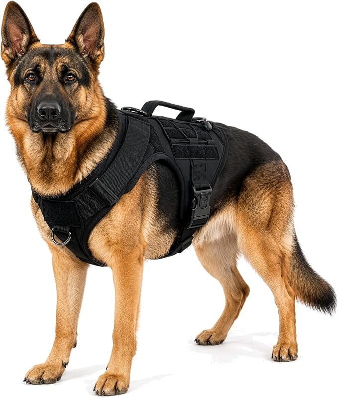 Tactical Dog Harness - Heavy Duty, No-Pull Training Vest for Large Breeds, Military Service Dog Vest with Front Leash Clip, Hook & Loop Panels, Padded Handle – Black, Large
