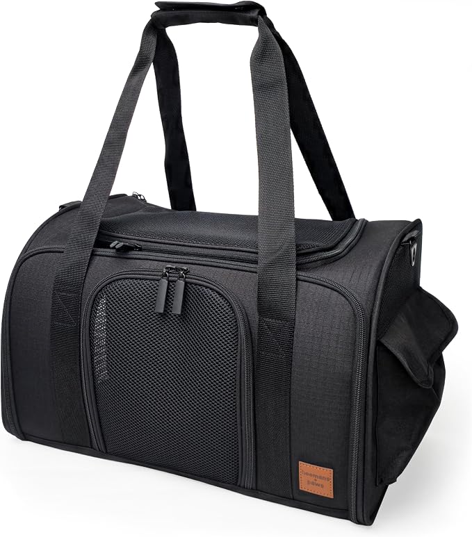 Airline-Approved Pet Carrier with Expandable Pop-Up Mesh Window, Waterproof Bottom & Plush Washable Pad (Black)